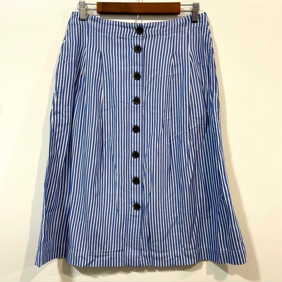 Talbots Striped Blue White Cotton Blend Summer Button Front Midi Skirt Size 6P - Picture 1 of 6